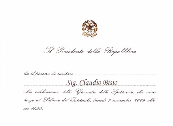 L'invito al Quirinale per la consegna a Claudio Bisio del Premio Vittorio De Sica per il cinema